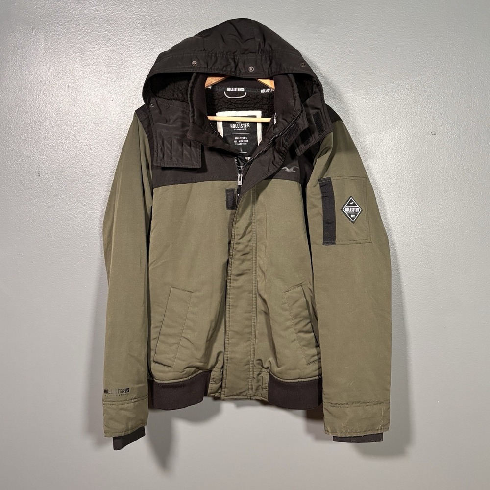 Hollister Sherpa Hooded Jacket Mens Large All Weather Green Black Warm Full Zip